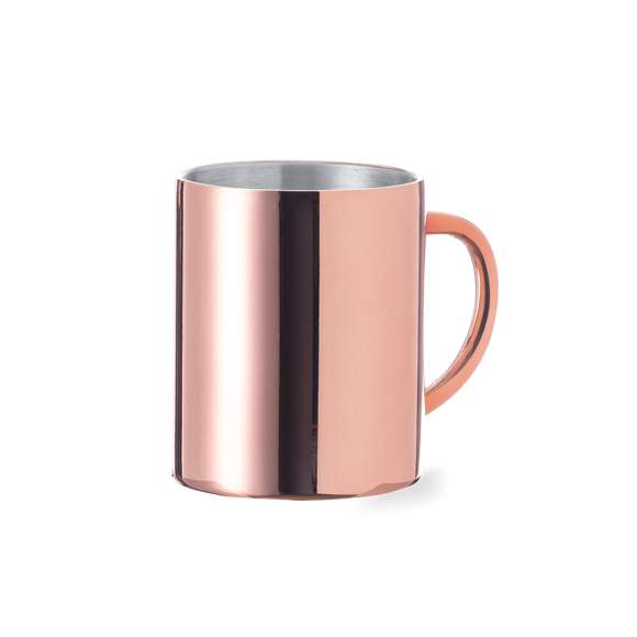 Taza de 280 ml de capacidad en acero inox de doble pared con recubrimiento exterior de cobre galvanizado. Innovador diseño con acabado brillo. Presentada en exclusiva caja individual de diseño negra.