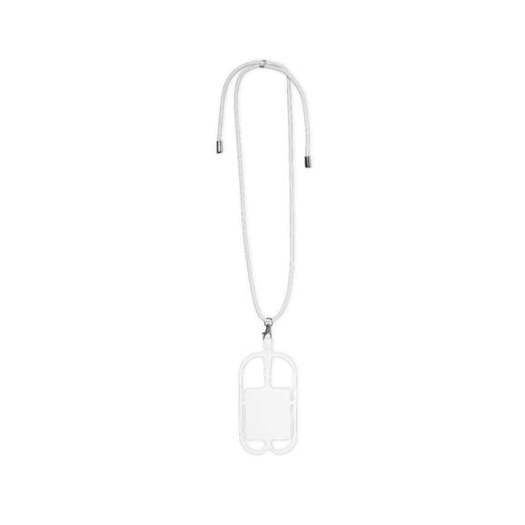 Original lanyard portamóvil en resistente poliéster y flexible silicona. Con accesorio de transporte para todo tipo de smartphones, capaz de ajustarse a todas las pantallas. Ajustador en cuello y extremos de cordones en acabado cromado. Incluye amplia zona de marcaje. Disponible en variada gama de colores.