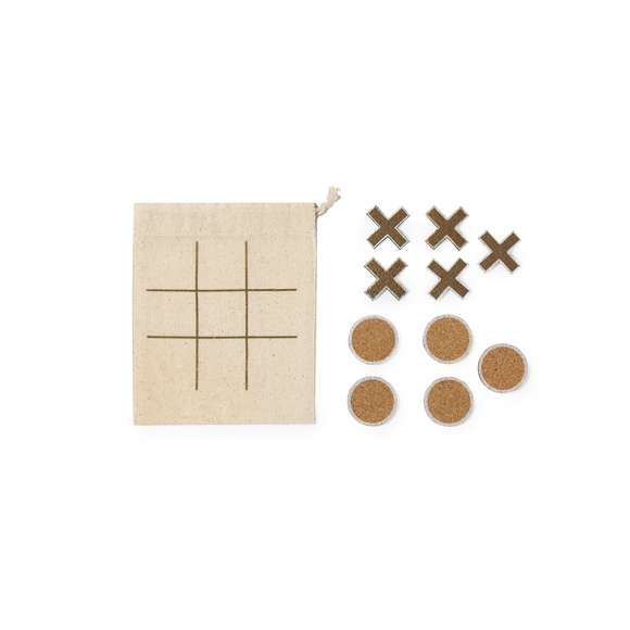 Juego tres en raya fabricado en corcho natural. Incluidas 5 fichas circulares y 5 fichas en cruz. Presentado en bolsa de algodón con cierre de cordón que sirve como tablero para jugar.