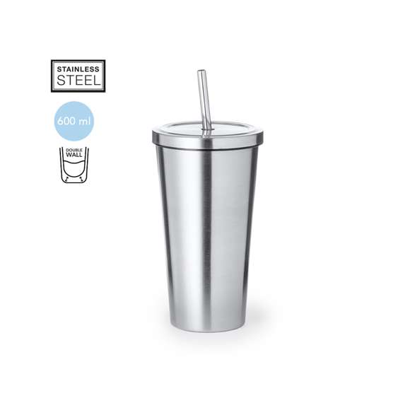 Elegante vaso térmico de acero inoxidable de doble pared y 600 ml de capacidad. De acabado mate, con tapa a rosca y pajita a juego. Presentado en caja individual de diseño kraft.