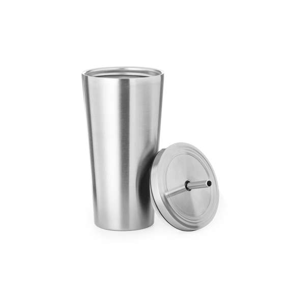 Elegante vaso térmico de acero inoxidable de doble pared y 600 ml de capacidad. De acabado mate, con tapa a rosca y pajita a juego. Presentado en caja individual de diseño kraft.