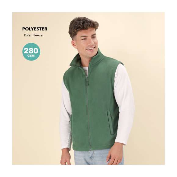 Chaleco en cálido y suave polar fleece de 280g/m2 con tratamiento anti-pilling, disponible en distintos colores. De cuello alto, con cremallera central y tirador al tono. Bolsillos laterales con cierre de cremallera y tirador de color a juego. Disponible en tallas XS, S, M, L, XL, XXL.