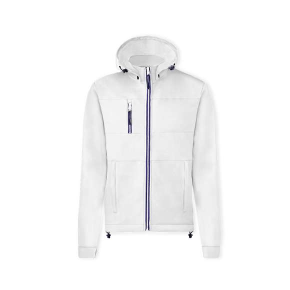 Chaqueta de resistente y transpirable material soft shell de 300g/m2. De corte moderno, con cremallera central, bolsillos laterales y práctico bolsillo en pecho con cierres de cremallera y tiradores en contraste. Cuello elevado con capucha ajustable y desmontable. Dobladillo inferior con cordón ajustable. Mangas con cómodos puños de punto en color a juego. Exterior en soft shell resistente al viento y al agua, e interior de cálido micropolar en color contraste. Disponible en tallas XS, S, M, L, XL, XXL.