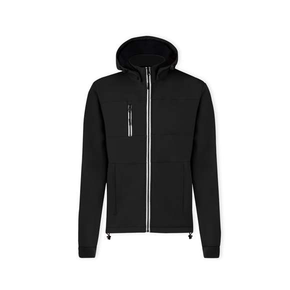 Chaqueta de resistente y transpirable material soft shell de 300g/m2. De corte moderno, con cremallera central, bolsillos laterales y práctico bolsillo en pecho con cierres de cremallera y tiradores en contraste. Cuello elevado con capucha ajustable y desmontable. Dobladillo inferior con cordón ajustable. Mangas con cómodos puños de punto en color a juego. Exterior en soft shell resistente al viento y al agua, e interior de cálido micropolar en color contraste. Disponible en tallas XS, S, M, L, XL, XXL.