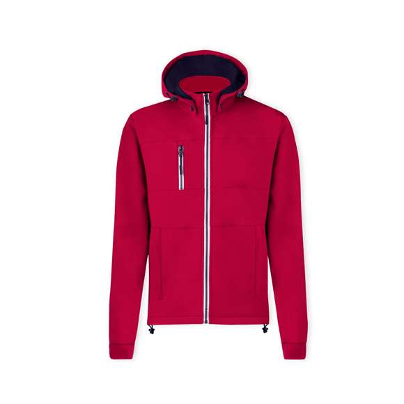 Chaqueta de resistente y transpirable material soft shell de 300g/m2. De corte moderno, con cremallera central, bolsillos laterales y práctico bolsillo en pecho con cierres de cremallera y tiradores en contraste. Cuello elevado con capucha ajustable y desmontable. Dobladillo inferior con cordón ajustable. Mangas con cómodos puños de punto en color a juego. Exterior en soft shell resistente al viento y al agua, e interior de cálido micropolar en color contraste. Disponible en tallas XS, S, M, L, XL, XXL.