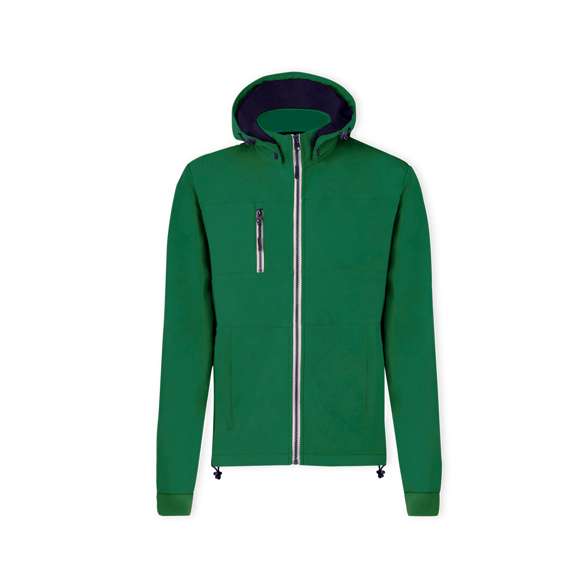 Chaqueta de resistente y transpirable material soft shell de 300g/m2. De corte moderno, con cremallera central, bolsillos laterales y práctico bolsillo en pecho con cierres de cremallera y tiradores en contraste. Cuello elevado con capucha ajustable y desmontable. Dobladillo inferior con cordón ajustable. Mangas con cómodos puños de punto en color a juego. Exterior en soft shell resistente al viento y al agua, e interior de cálido micropolar en color contraste. Disponible en tallas XS, S, M, L, XL, XXL.