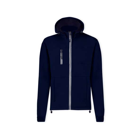 Chaqueta de resistente y transpirable material soft shell de 300g/m2. De corte moderno, con cremallera central, bolsillos laterales y práctico bolsillo en pecho con cierres de cremallera y tiradores en contraste. Cuello elevado con capucha ajustable y desmontable. Dobladillo inferior con cordón ajustable. Mangas con cómodos puños de punto en color a juego. Exterior en soft shell resistente al viento y al agua, e interior de cálido micropolar en color contraste. Disponible en tallas XS, S, M, L, XL, XXL.