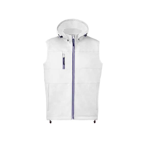 Chaleco de resistente y transpirable material soft shell de 300g/m2. De corte moderno, con cremallera central, bolsillos laterales y práctico bolsillo en pecho con cierres de cremallera y tiradores en contraste. Cuello elevado con capucha ajustable y desmontable. Dobladillo inferior con cordón ajustable. Exterior en soft shell resistente al viento y al agua, e interior de cálido micropolar en color contraste. Disponible en tallas XS, S, M, L, XL, XXL.