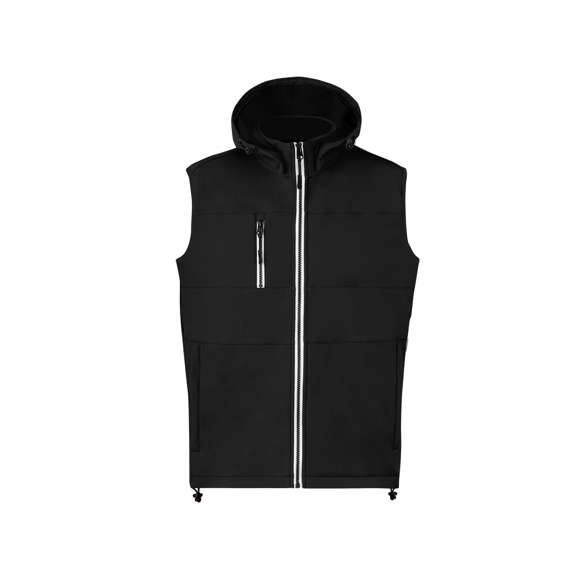 Chaleco de resistente y transpirable material soft shell de 300g/m2. De corte moderno, con cremallera central, bolsillos laterales y práctico bolsillo en pecho con cierres de cremallera y tiradores en contraste. Cuello elevado con capucha ajustable y desmontable. Dobladillo inferior con cordón ajustable. Exterior en soft shell resistente al viento y al agua, e interior de cálido micropolar en color contraste. Disponible en tallas XS, S, M, L, XL, XXL.