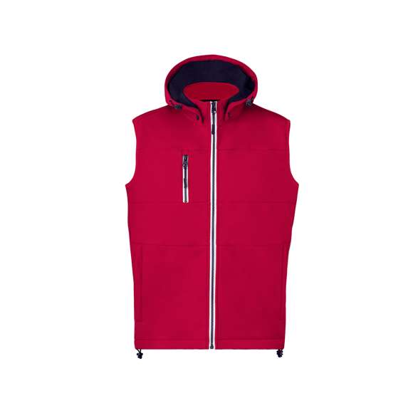 Chaleco de resistente y transpirable material soft shell de 300g/m2. De corte moderno, con cremallera central, bolsillos laterales y práctico bolsillo en pecho con cierres de cremallera y tiradores en contraste. Cuello elevado con capucha ajustable y desmontable. Dobladillo inferior con cordón ajustable. Exterior en soft shell resistente al viento y al agua, e interior de cálido micropolar en color contraste. Disponible en tallas XS, S, M, L, XL, XXL.