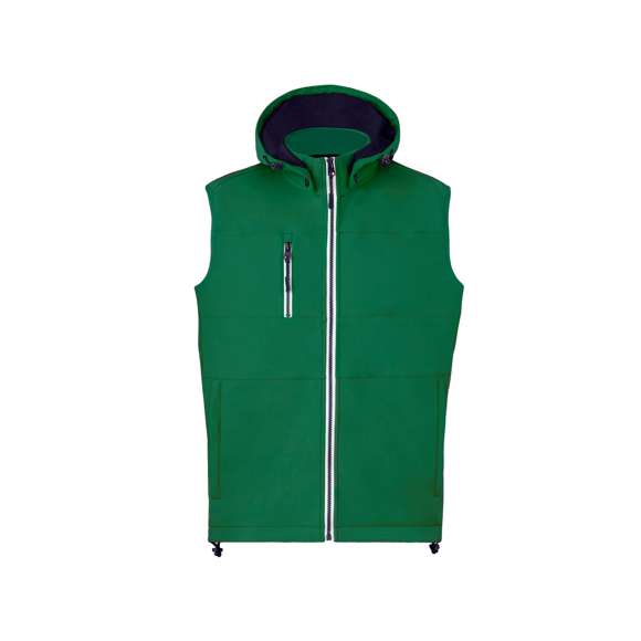 Chaleco de resistente y transpirable material soft shell de 300g/m2. De corte moderno, con cremallera central, bolsillos laterales y práctico bolsillo en pecho con cierres de cremallera y tiradores en contraste. Cuello elevado con capucha ajustable y desmontable. Dobladillo inferior con cordón ajustable. Exterior en soft shell resistente al viento y al agua, e interior de cálido micropolar en color contraste. Disponible en tallas XS, S, M, L, XL, XXL.