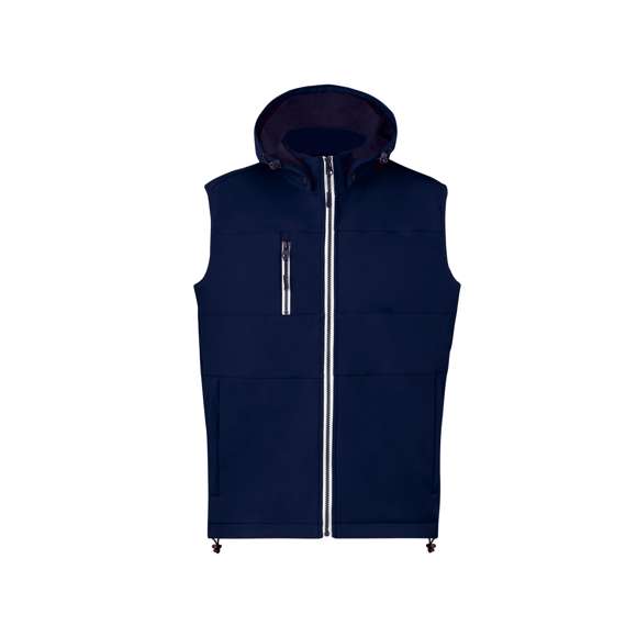 Chaleco de resistente y transpirable material soft shell de 300g/m2. De corte moderno, con cremallera central, bolsillos laterales y práctico bolsillo en pecho con cierres de cremallera y tiradores en contraste. Cuello elevado con capucha ajustable y desmontable. Dobladillo inferior con cordón ajustable. Exterior en soft shell resistente al viento y al agua, e interior de cálido micropolar en color contraste. Disponible en tallas XS, S, M, L, XL, XXL.