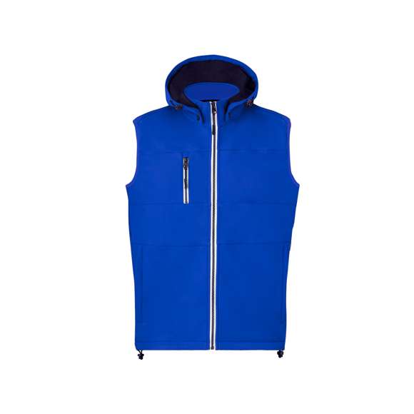 Chaleco de resistente y transpirable material soft shell de 300g/m2. De corte moderno, con cremallera central, bolsillos laterales y práctico bolsillo en pecho con cierres de cremallera y tiradores en contraste. Cuello elevado con capucha ajustable y desmontable. Dobladillo inferior con cordón ajustable. Exterior en soft shell resistente al viento y al agua, e interior de cálido micropolar en color contraste. Disponible en tallas XS, S, M, L, XL, XXL.