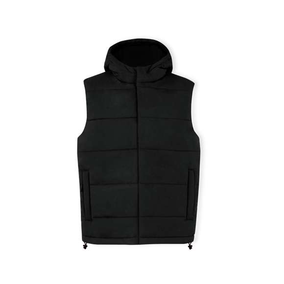 Chaleco con capucha, en cálido y suave material 100% poliéster. En material ligero, resistente al viento y al agua. Diseño de elegante construcción horizontal y acolchado, con capucha fija integrada. Doble cierre frontal de cremallera y corchetes. Bolsillos laterales con tiradores a juego y cordón ajustable en dobladillo. Disponible en tallas XS, S, M, L, XL, XXL.