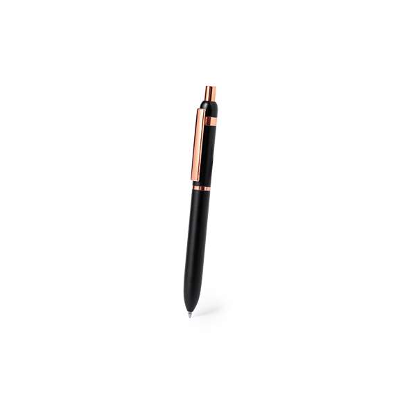Elegante bolígrafo especialmente diseñado para el marcaje en láser con logotipo en color rosado. De mecanismo pulsador, clip metálico y accesorios en acabado cobre, con detalles plásticos en acabado rosado. Con cartucho jumbo y en tinta azul. Disponible en dos distintivos colores.Presentado en elegante caja de diseño negra.
