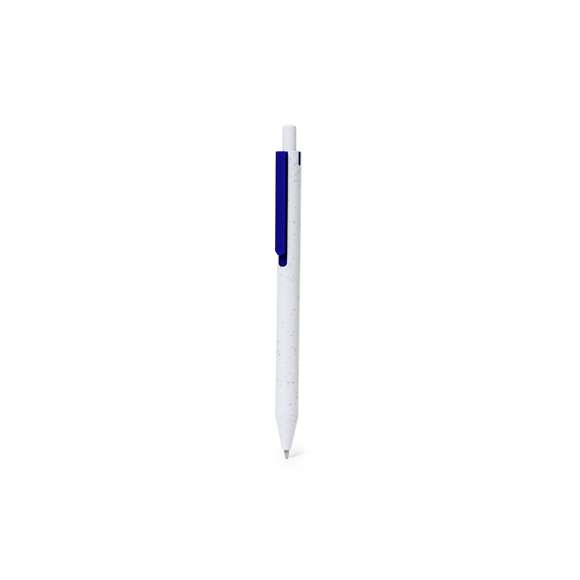 Bolígrafo de mecanismo pulsador fabricado en ABS reciclado. Con clip en vivos colores y cuerpo de suave acabado en color blanco sólido. Distintivo ABS reciclado en la parte superior del bolígrafo. En tinta azul.