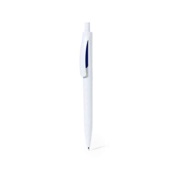 Bolígrafo de mecanismo pulsador fabricado en ABS reciclado. Con accesorios en vivos colores y cuerpo de suave acabado en color blanco sólido. Distintivo ABS reciclado en la parte superior del bolígrafo. En tinta azul.