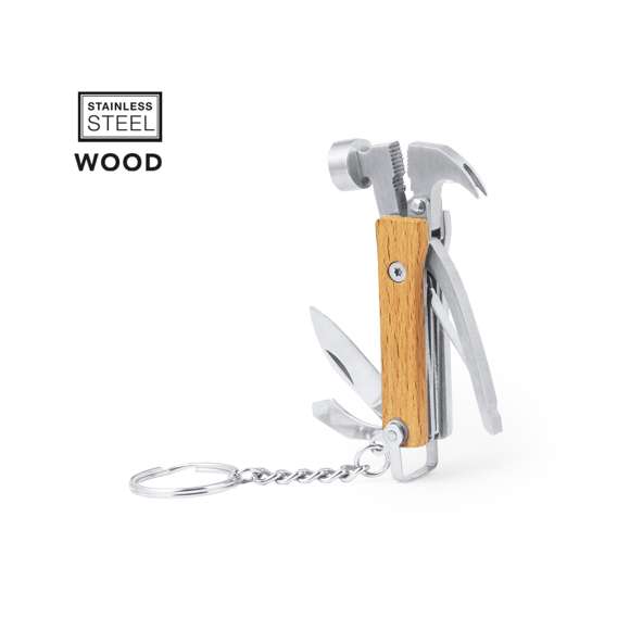 Práctico llavero multiherramienta fabricado en resistente acero inox y madera. Con 7 funciones: martillo, destornillador plano pequeño, alicates, cuchillo, pelacables, lima y abrebotellas. Presentado en caja individual de diseño kraft.