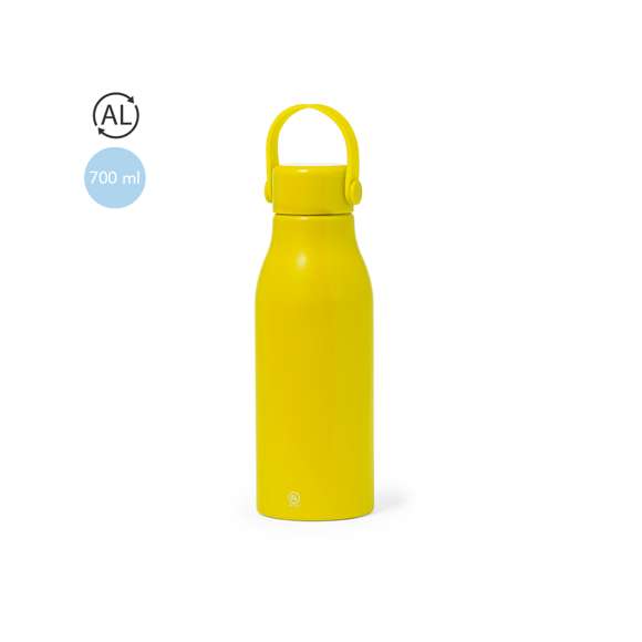 Bidón de 700 ml de capacidad. Fabricado en resistente y sostenible aluminio reciclado. Con tapón a rosca en mate y asa integrada a juego para un sencillo transporte. Cuerpo de acabado satinado. Disponible en variada gama de colores y libre de BPA. Incluye distintivo Aluminio Reciclado. Presentado en caja de diseño kraft y en bolsa individual reciclada.El aluminio reciclado es un material con posibilidades de reciclaje casi infinitas, sin perder sus propiedades originales y consumiendo menos energía en este proceso.