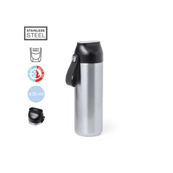Bidón térmico de acero inox y doble pared de 630 ml de capacidad, con medidor de temperatura táctil en tapón y asa integrada. Con tapón de seguridad libre de BPA y presentado en atractiva caja individual de diseño Kraft y en bolsa reciclada. Alimentación a pilas (de botón incluida), con manual de instrucciones disponible en español e inglés.