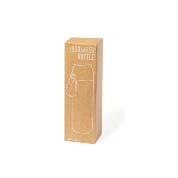 Bidón térmico de acero inox y doble pared de 630 ml de capacidad, con medidor de temperatura táctil en tapón y asa integrada. Con tapón de seguridad libre de BPA y presentado en atractiva caja individual de diseño Kraft y en bolsa reciclada. Alimentación a pilas (de botón incluida), con manual de instrucciones disponible en español e inglés.