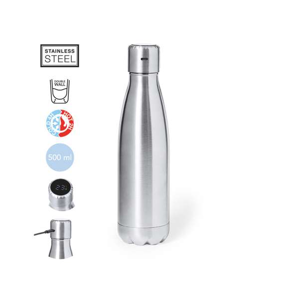 Bidón térmico de acero inox y doble pared de 500 ml de capacidad en acabado mate. Con medidor de temperatura táctil integrado en tapón y batería recargable -incluido cable negro Tipo C-. Con tapón de seguridad libre de BPA y presentado en atractiva caja individual de diseño Kraft y en bolsa reciclada. Disponible manual de instrucciones en español e inglés.