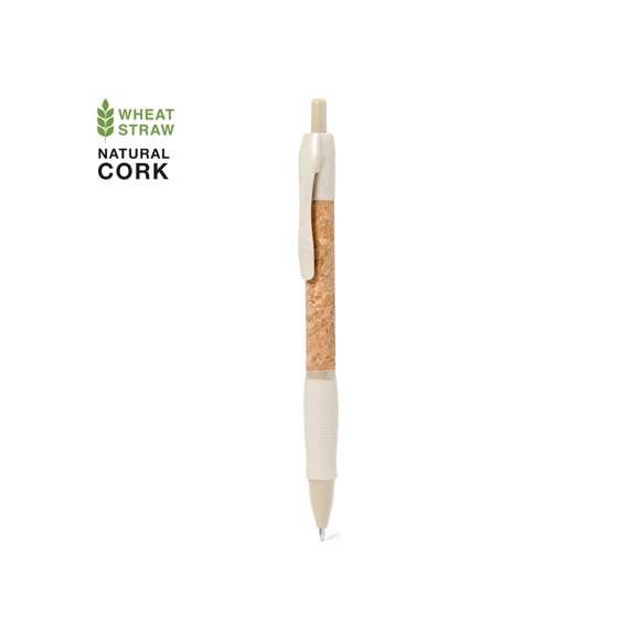 Bolígrafo de mecanismo pulsador con cuerpo en corcho natural. Clip, punta y pulsador en caña de trigo. Disponible en variada gama de colores. Distintivo Wheat Straw en la parte superior del bolígrafo. En tinta azul.Elaborado con elementos vegetales, para así fomentar la utilización de materias primas naturales y reducir las emisiones contaminantes.