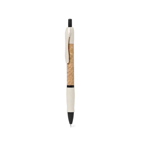 Bolígrafo de mecanismo pulsador con cuerpo en corcho natural. Clip, punta y pulsador en caña de trigo. Disponible en variada gama de colores. Distintivo Wheat Straw en la parte superior del bolígrafo. En tinta azul.Elaborado con elementos vegetales, para así fomentar la utilización de materias primas naturales y reducir las emisiones contaminantes.