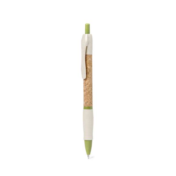 Bolígrafo de mecanismo pulsador con cuerpo en corcho natural. Clip, punta y pulsador en caña de trigo. Disponible en variada gama de colores. Distintivo Wheat Straw en la parte superior del bolígrafo. En tinta azul.Elaborado con elementos vegetales, para así fomentar la utilización de materias primas naturales y reducir las emisiones contaminantes.