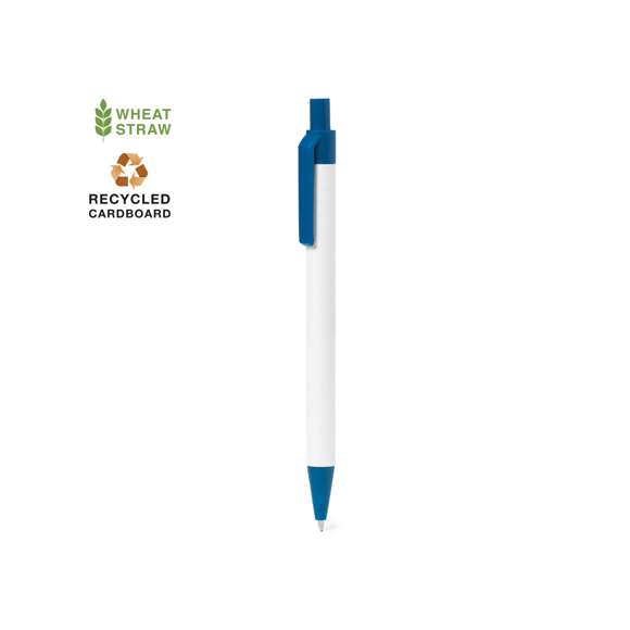 Bolígrafo de mecanismo pulsador con cuerpo en cartón reciclado. Clip, punta y pulsador en caña de trigo. En tinta azul y con distintivo Wheat Straw en la parte superior del bolígrafo.El cartón reciclado proviene del reaprovechamiento de excedente de fabricaciones y reciclaje de papel en el final de su vida útil, convirtiéndose en un lienzo ecológico y sostenible. La caña de trigo fomenta la utilización de materias primas naturales, reduciendo así las emisiones contaminantes.