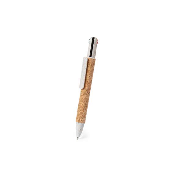 Bolígrafo 4 en 1 con mecanismo pulsador retráctil. Combinación de cuerpo en corcho natural y accesorios en caña de trigo y ABS, para fomentar la utilización y reciclado de materias primas, reduciendo así las emisiones contaminantes. De 4 cartuchos en tinta azul, roja, negra y verde.Elaborado con elementos vegetales para así fomentar la utilización de materias primas naturales y reducir las emisiones contaminantes.