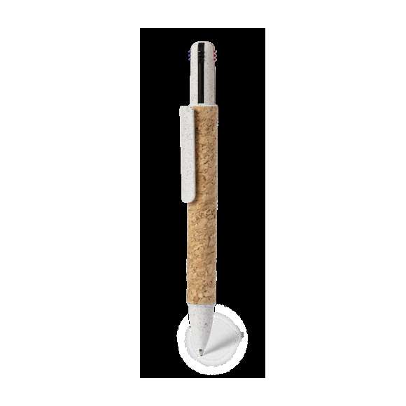 Bolígrafo 4 en 1 con mecanismo pulsador retráctil. Combinación de cuerpo en corcho natural y accesorios en caña de trigo y ABS, para fomentar la utilización y reciclado de materias primas, reduciendo así las emisiones contaminantes. De 4 cartuchos en tinta azul, roja, negra y verde.Elaborado con elementos vegetales para así fomentar la utilización de materias primas naturales y reducir las emisiones contaminantes.