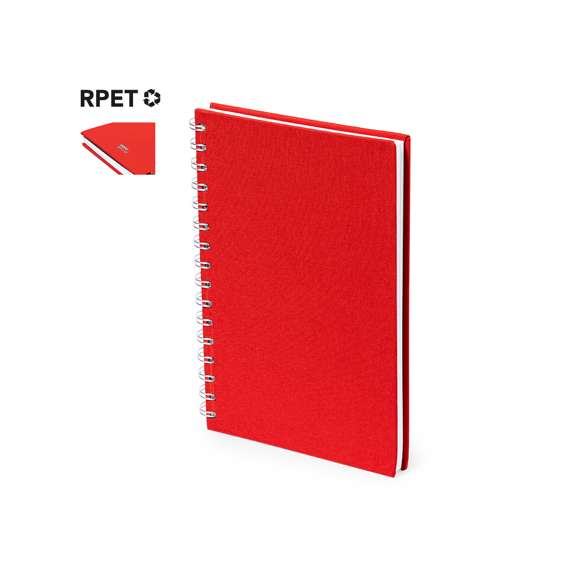 Libreta de anillas A5 con tapas duras en resistente material RPET 300D. Interior con 100 hojas a una raya y 100% recicladas microperforadas. Incluye distintivo RPET en contraportada. Presentado en bolsa individual reciclada.El material RPET se elabora a partir de plástico reciclado, para así fomentar la reutilización de residuos plásticos y ayudar a la sostenibilidad del planeta.