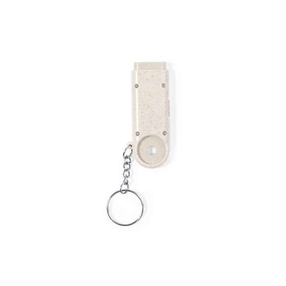 Llavero moneda con linterna integrada, fabricado en caña de trigo y ABS. Con práctica moneda, 2 LEDs y alimentación a pilas (de botón incluidas). Con distintivo Wheat Straw y presentado en bolsa individual reciclada.Elaborado con elementos vegetales para así fomentar la utilización de materias primas naturales y reducir las emisiones contaminantes.