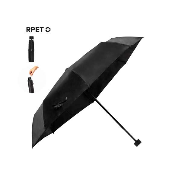 Paraguas plegable de 98cm de diámetro. En material pongee 190T RPET. De apertura manual, con sistema anti viento y varillas fabricadas en fibra de vidrio. Con mango ergonómico con práctica asa metálica de transporte, funda de transporte a juego y cierre con velcro a juego. Con etiqueta distintiva RPET. Presentado en bolsa individual reciclada.El material RPET se elabora a partir de plástico reciclado, para así fomentar la reutilización de residuos plásticos y ayudar a la sostenibilidad del planeta.