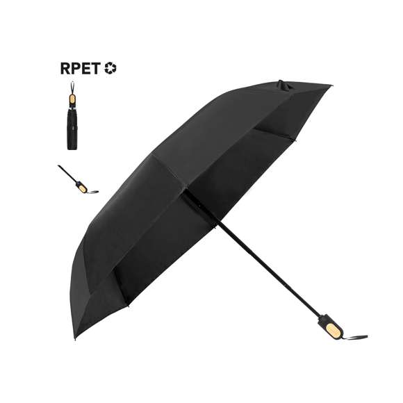 Paraguas plegable de 97cm de diámetro. En material pongee 190T RPET. De apertura manual, con sistema anti viento y varillas fabricadas en fibra de vidrio. Mango ergonómico con elegante detalle en bambú, fácil transporte gracias a su cordón, funda y cierre con velcro a juego. Con etiqueta distintiva RPET. Presentado en bolsa individual reciclada.El material RPET se elabora a partir de plástico reciclado, para así fomentar la reutilización de residuos plásticos y ayudar a la sostenibilidad del planeta.