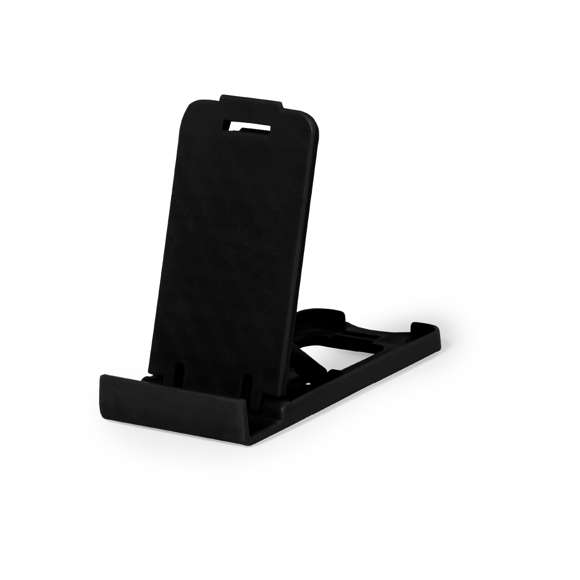 Soporte para smartphone y tablet fabricado en resistente PP. De diseño compacto y plegable para poder llevarlo a cualquier lado. Con distintas posiciones de inclinación. Disponible en amplia gama de colores. Presentado en bolsa individual reciclada.