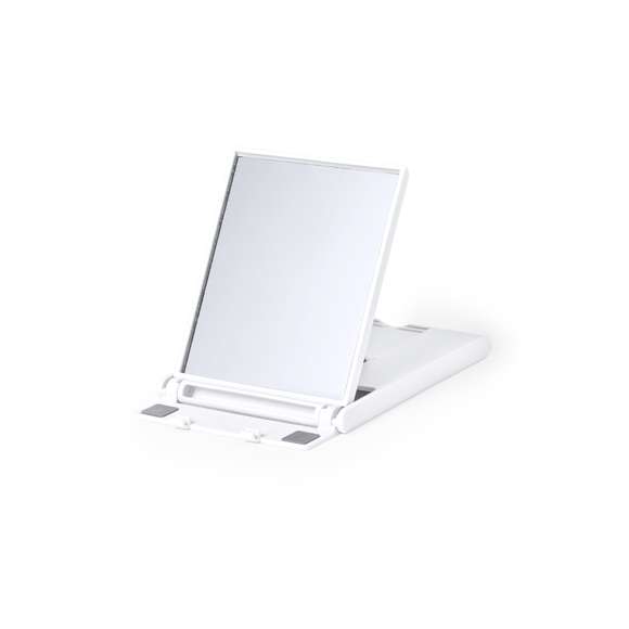 Soporte con espejo para smartphone y tablet fabricado en resistente ABS. Incluye 2 antislips de silicona y 6 posiciones. De diseño compacto y plegable para poder llevarlo a cualquier lado. Disponible en amplia gama de colores. Presentado en caja de diseño kraft.