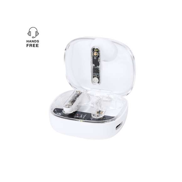 Auriculares intraurales en distintivo diseño transparente. Conexión Bluetooth 5.3 y gran autonomía . De diseño ergonómico, incluyen botón de control táctil integrado en el auricular, con base de carga a juego e indicadores de estado de carga. Función manos libres. Puerto de carga con entrada Tipo C (cable incluido). Presentados en caja individual de diseño kraft y en bolsa reciclada.