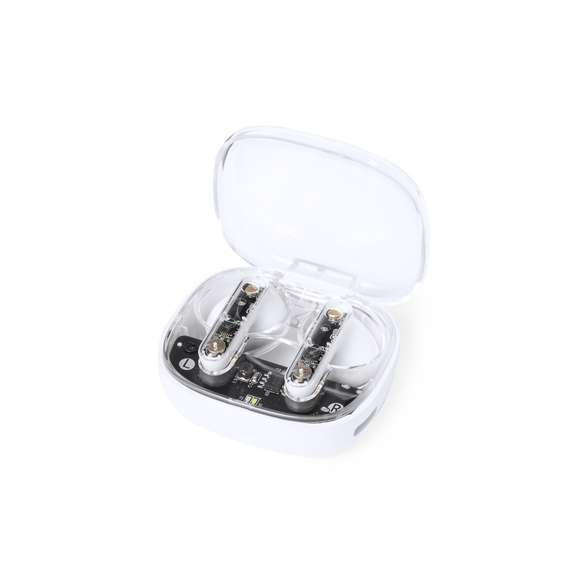 Auriculares intraurales en distintivo diseño transparente. Conexión Bluetooth 5.3 y gran autonomía . De diseño ergonómico, incluyen botón de control táctil integrado en el auricular, con base de carga a juego e indicadores de estado de carga. Función manos libres. Puerto de carga con entrada Tipo C (cable incluido). Presentados en caja individual de diseño kraft y en bolsa reciclada.
