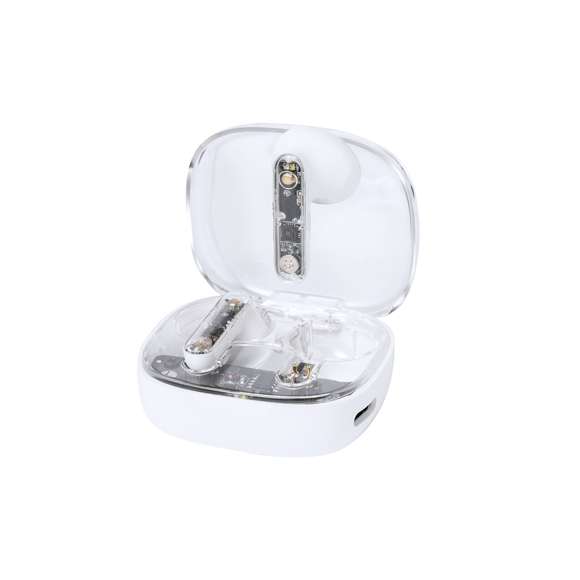 Auriculares intraurales en distintivo diseño transparente. Conexión Bluetooth 5.3 y gran autonomía . De diseño ergonómico, incluyen botón de control táctil integrado en el auricular, con base de carga a juego e indicadores de estado de carga. Función manos libres. Puerto de carga con entrada Tipo C (cable incluido). Presentados en caja individual de diseño kraft y en bolsa reciclada.