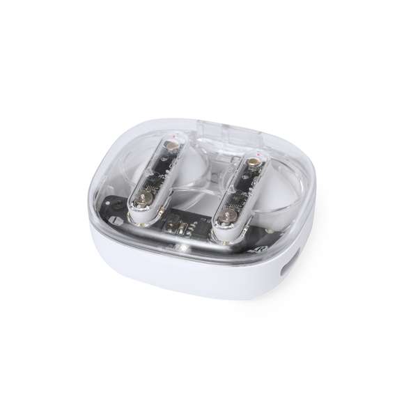 Auriculares intraurales en distintivo diseño transparente. Conexión Bluetooth 5.3 y gran autonomía . De diseño ergonómico, incluyen botón de control táctil integrado en el auricular, con base de carga a juego e indicadores de estado de carga. Función manos libres. Puerto de carga con entrada Tipo C (cable incluido). Presentados en caja individual de diseño kraft y en bolsa reciclada.
