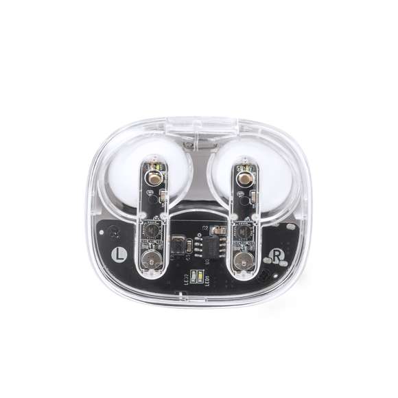 Auriculares intraurales en distintivo diseño transparente. Conexión Bluetooth 5.3 y gran autonomía . De diseño ergonómico, incluyen botón de control táctil integrado en el auricular, con base de carga a juego e indicadores de estado de carga. Función manos libres. Puerto de carga con entrada Tipo C (cable incluido). Presentados en caja individual de diseño kraft y en bolsa reciclada.