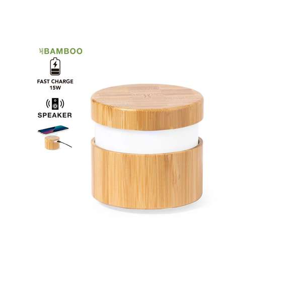 Lámpara multifunción fabricada en bambú. Con altavoz Bluetooth 5.0 de 3W de potencia y cargador inalámbrico de 15W. 2LEDs. Compatible con dispositivos móviles de carga inalámbrica, con cable cargador tipo C y viene presentada en una atractiva caja de diseño kraft. Disponible manual de instrucciones en español e inglés.Elaborado con elementos vegetales para así fomentar la utilización de materias primas naturales y reducir las emisiones contaminantes.