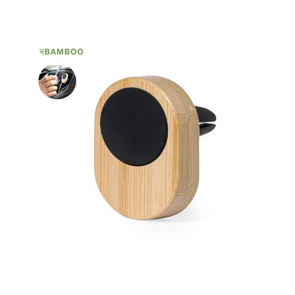 Soporte de rejilla de coche para smartphone fabricado en bambú. Cómoda y segura fijación magnética. Incluye anillo adhesivo. Presentado en caja individual de diseño eco en cartón kraft.Materiales como el bambú fomentan la utilización de materias primas naturales, reduciendo las emisiones contaminantes. Proviene de una planta de gran resistencia, con versatilidad de crecimiento y regeneración rápida, siendo una excelente alternativa al uso de madera tradicional.