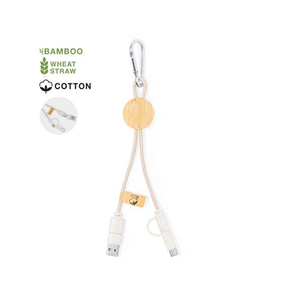 Cable cargador con mosquetón de transporte. Fabricado usando materiales naturales y respetuosos con el medio ambiente:Pieza central en bambú natural.Cables recubiertos de algodón, incluyen conexiones de entrada Tipo C y USB, salidas Lightning, Micro USB y Tipo C. 5V DC 2.4A.Presentado en bolsa individual de diseño kraft. Poner que lleva distintivo en hangtag de bambú y algodón kraft.Elaborado con elementos vegetales para así fomentar la utilización de materias primas naturales y reducir las emisiones contaminantes.
