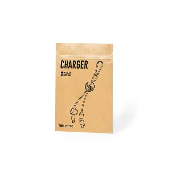 Cable cargador con mosquetón de transporte. Fabricado usando materiales naturales y respetuosos con el medio ambiente:Pieza central en bambú natural.Cables recubiertos de algodón, incluyen conexiones de entrada Tipo C y USB, salidas Lightning, Micro USB y Tipo C. 5V DC 2.4A.Presentado en bolsa individual de diseño kraft. Poner que lleva distintivo en hangtag de bambú y algodón kraft.Elaborado con elementos vegetales para así fomentar la utilización de materias primas naturales y reducir las emisiones contaminantes.