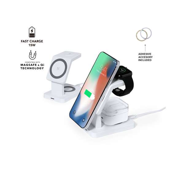 Completo multicargador inalámbrico 15W con soporte para gadgets. Diseñado para la carga simultánea del smartphone, auriculares y smartwatch: una estación de carga todo en uno. Presentado en caja de diseño kraft. Disponible manual de instrucciones en español e inglés.