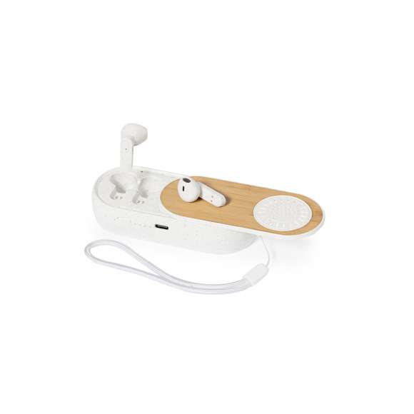 Auriculares altavoz fabricados en bambú y caña de trigo. Con Bluetooth 5.0. Contenido:Auriculares de diseño intraulares con botón de control integrado, base de carga a juego y luz LED de estado de carga. Altavoz Bluetooth de 3W y función manos libres.Batería recargable de 30 mAh en cada auricular y base de 300 mAh. Presentados en caja individual de diseño con manual de instrucciones en español e inglés.Elaborado con elementos vegetales para así fomentar la utilización de materias primas naturales y reducir las emisiones contaminantes.