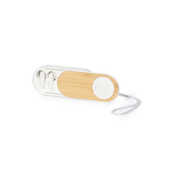 Auriculares altavoz fabricados en bambú y caña de trigo. Con Bluetooth 5.0. Contenido:Auriculares de diseño intraulares con botón de control integrado, base de carga a juego y luz LED de estado de carga. Altavoz Bluetooth de 3W y función manos libres.Batería recargable de 30 mAh en cada auricular y base de 300 mAh. Presentados en caja individual de diseño con manual de instrucciones en español e inglés.Elaborado con elementos vegetales para así fomentar la utilización de materias primas naturales y reducir las emisiones contaminantes.